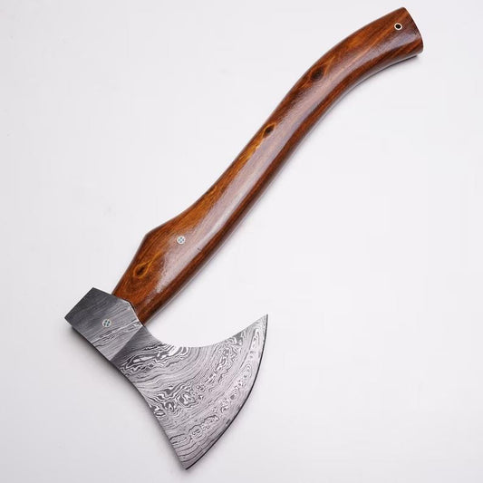 Custom Handmade Damascus Camping Axe with Rosewood Handle and Leather Sheath