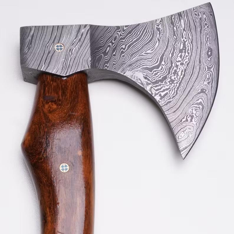 Custom Handmade Damascus Camping Axe with Rosewood Handle and Leather Sheath