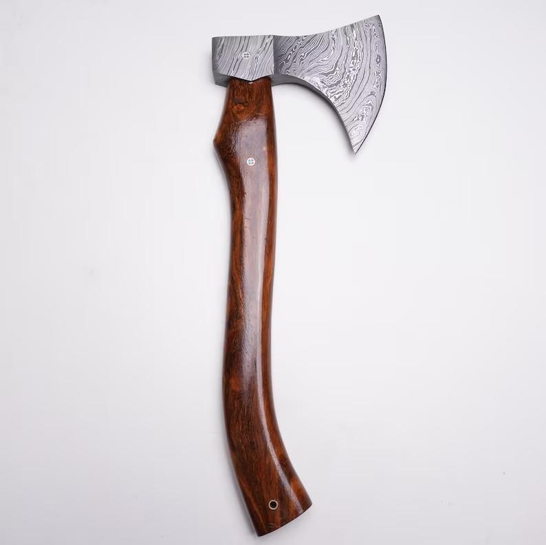 Custom Handmade Damascus Camping Axe with Rosewood Handle and Leather Sheath