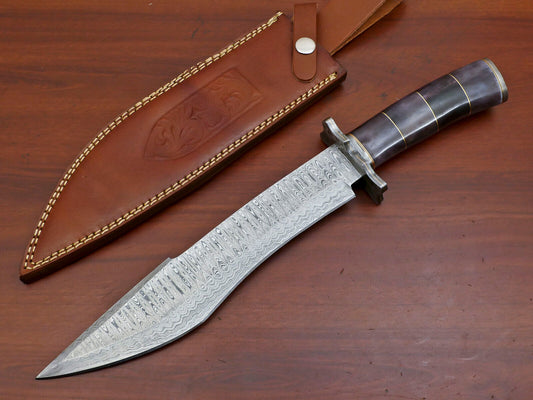 15" Handmade Damascus Bowie Knife – Camel Bone Handle & Damascus Guard