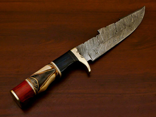 Handmade Damascus Bowie Hunting Knife | Burn Camel Bone & Pakka Wood Handle
