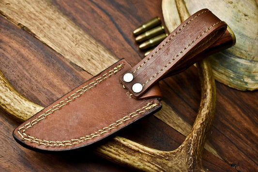 8" Handmade Damascus Steel Bowie Knife | Hardwood Handle & Leather Sheath