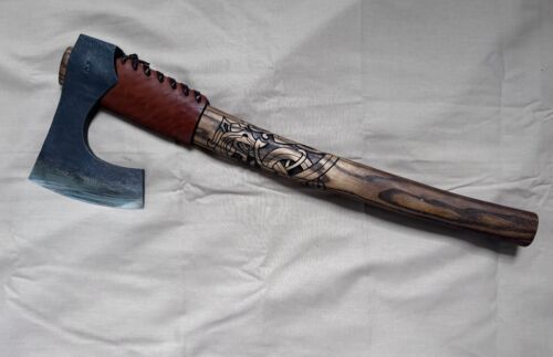 Hand Forged Carbon Steel Viking Bearded Axe with Ash Wood Handle and Leather Sheath