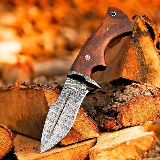 Custom Hand Forged Damascus Steel Tracker Knife – 10.5" Full Tang Hunting, Camping & Hiking Fixed Blade with Wood & Steel Guard Handle