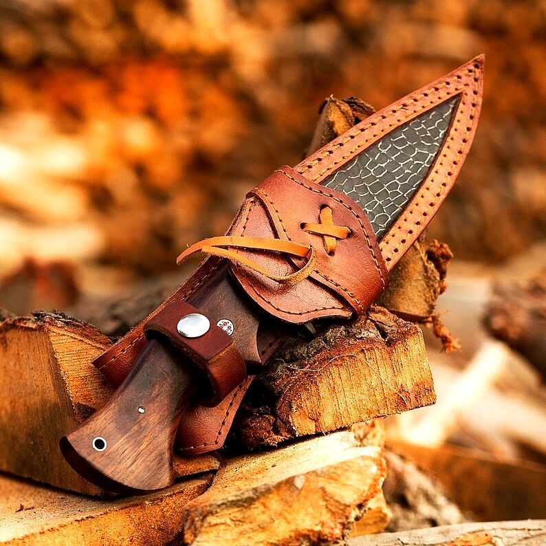 Custom Hand Forged Damascus Steel Tracker Knife – 10.5" Full Tang Hunting, Camping & Hiking Fixed Blade with Wood & Steel Guard Handle