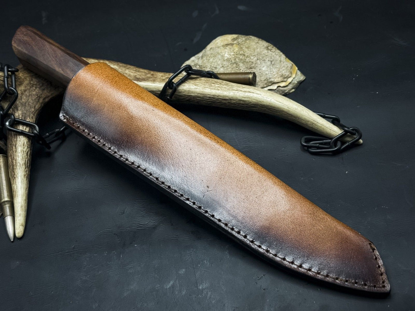 Handmade Damascus Steel Kitchen Chef EDC Knife – Wood Handle & Cow Leather Sheath