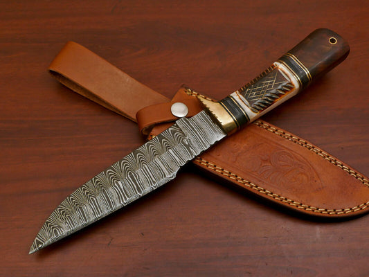 12" Custom Handmade Damascus Steel Bowie Hunting Knife | Camel Bone & Rosewood Handle