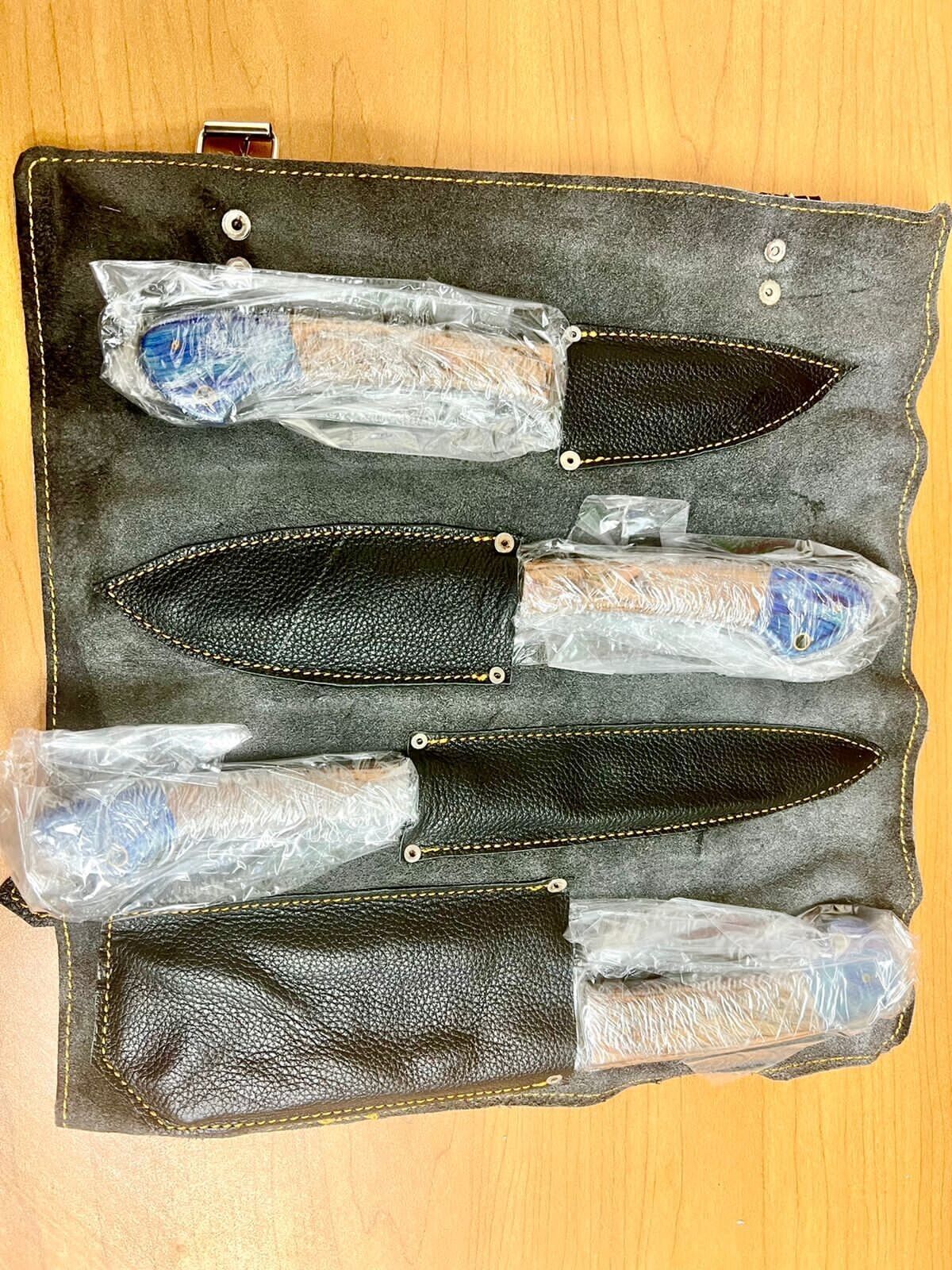 4-Piece Handmade Damascus Steel Chef Knife Set – Twist Pattern, Wood Handle with Leather Sheath