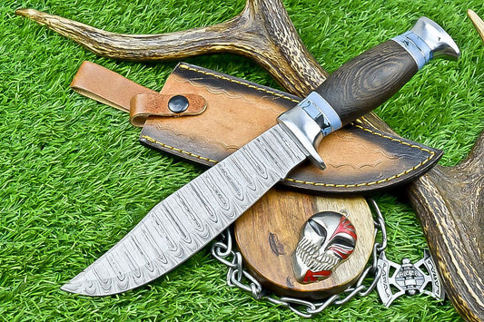 12 Inch Handmade Damascus Steel Bowie Knife with Wood Handle and Casted Steel Bolster