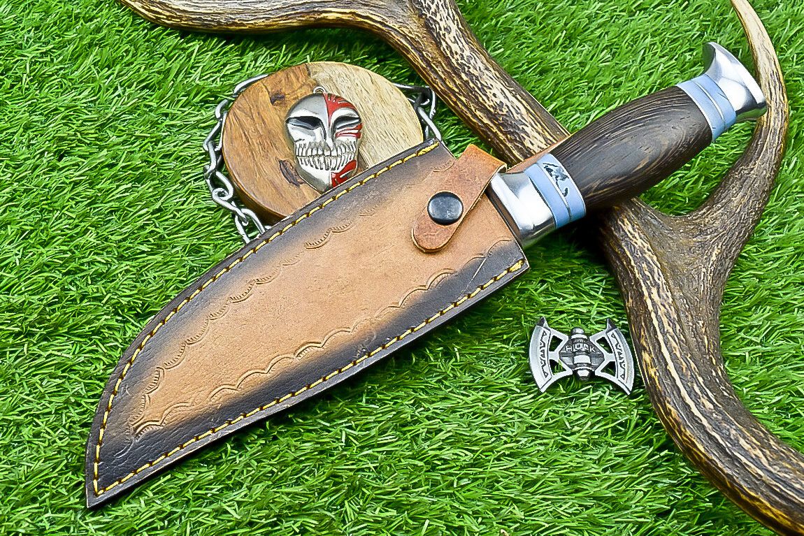 12 Inch Handmade Damascus Steel Bowie Knife with Wood Handle and Casted Steel Bolster