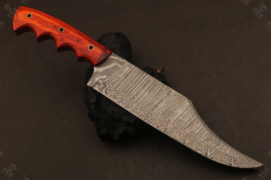 Heritage Forge 14 Inch Damascus Steel Bowie Knife with Wood Handle for Hunting and Camping