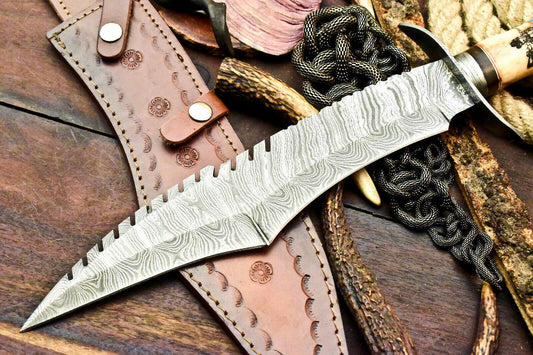 18.5" Heirloom-Grade Damascus Bowie with Camel Bone Handle