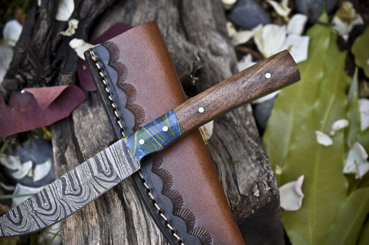 8" Forged Twist Damascus Skinner Knife with Walnut Wood Handle | Handmade EDC Hunting Blade