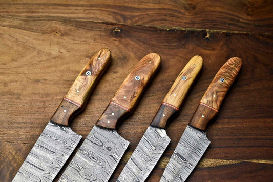 Lot of 4 Handmade Damascus Steel Blade Chef Knife Set – 384 Layer Forged, Full Tang