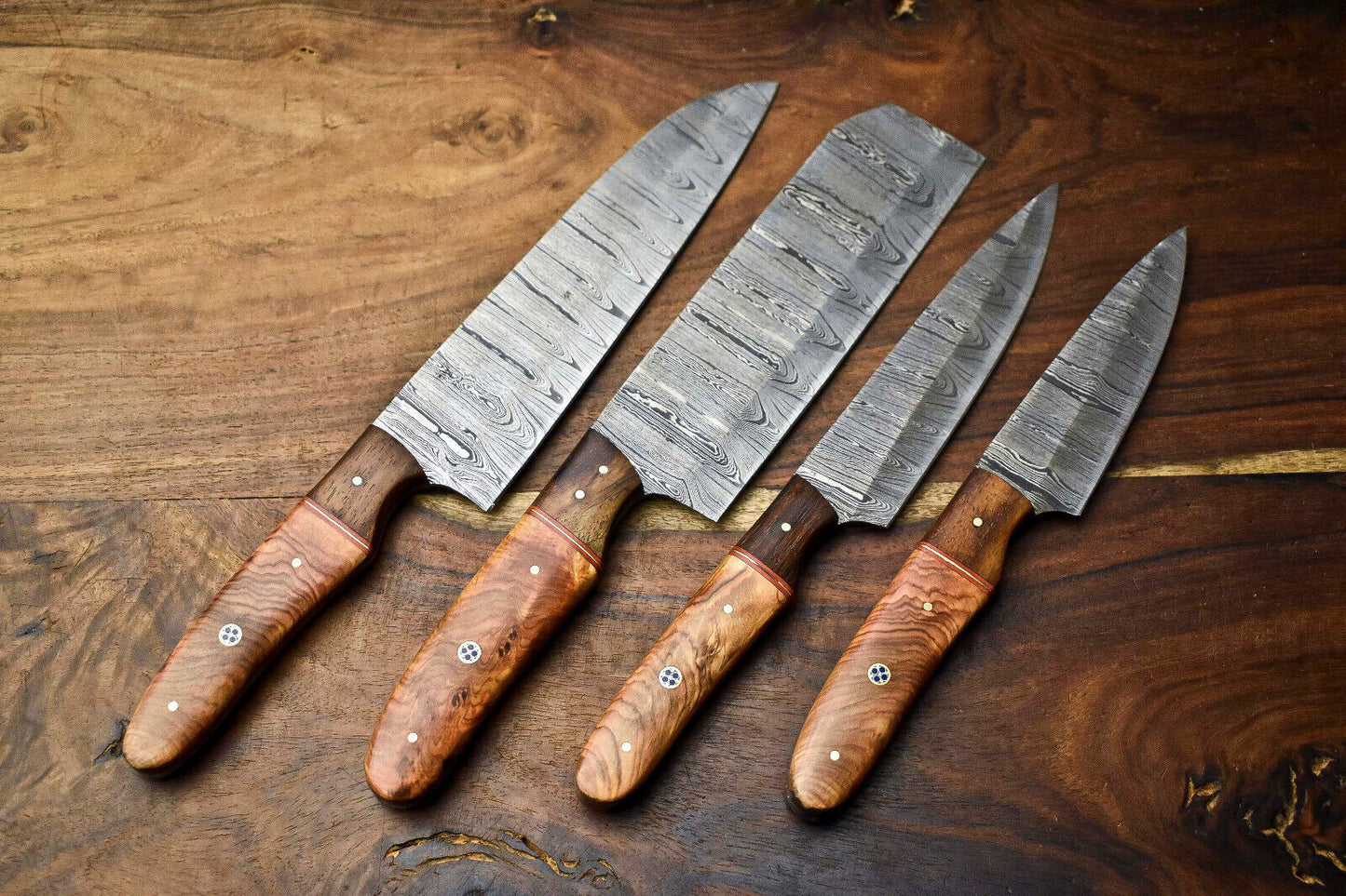 Lot of 4 Handmade Damascus Steel Blade Chef Knife Set – 384 Layer Forged, Full Tang