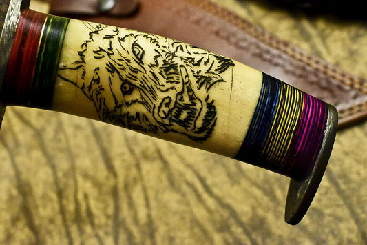 Handmade Damascus Steel Bowie Knife | 13.1" Camel Bone Scrimshaw Hunting Blade