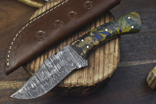 Twist Damascus Skinner Knife – 9" Corian Handle with Micarta Bolster for Fishing & Outdoor Use