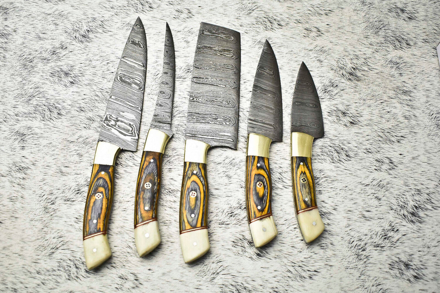 Stunning Handmade Hammered Damascus Steel Chef Knife Set – 5-Piece Custom Collection