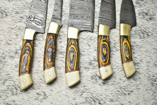 Stunning Handmade Hammered Damascus Steel Chef Knife Set – 5-Piece Custom Collection