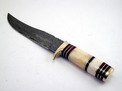 12” Handmade Damascus Bowie Knife | White Camel Bone Handle & Brass Bolster