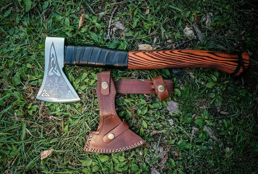 Viking Axe Handmade Carbon Steel Camping Hatchet with Wood Handle and Leather Sheath