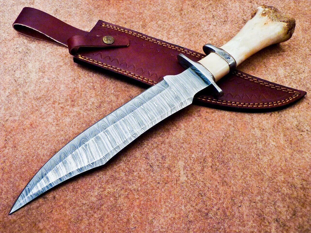15 Inch Damascus Steel Bowie Knife with Camel Bone Handle