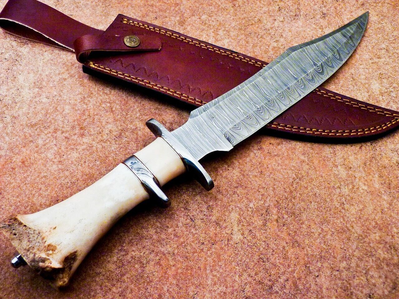 15 Inch Damascus Steel Bowie Knife with Camel Bone Handle