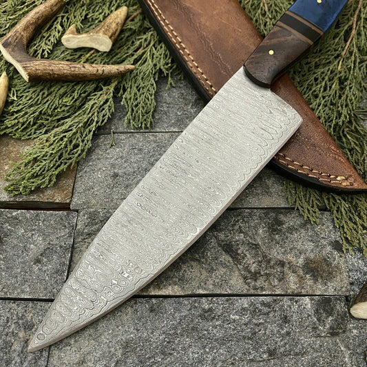 Custom Hand Forged Damascus Steel Hunting & Kitchen Chef Knife with Leather Sheath – Wood & Resin Handle