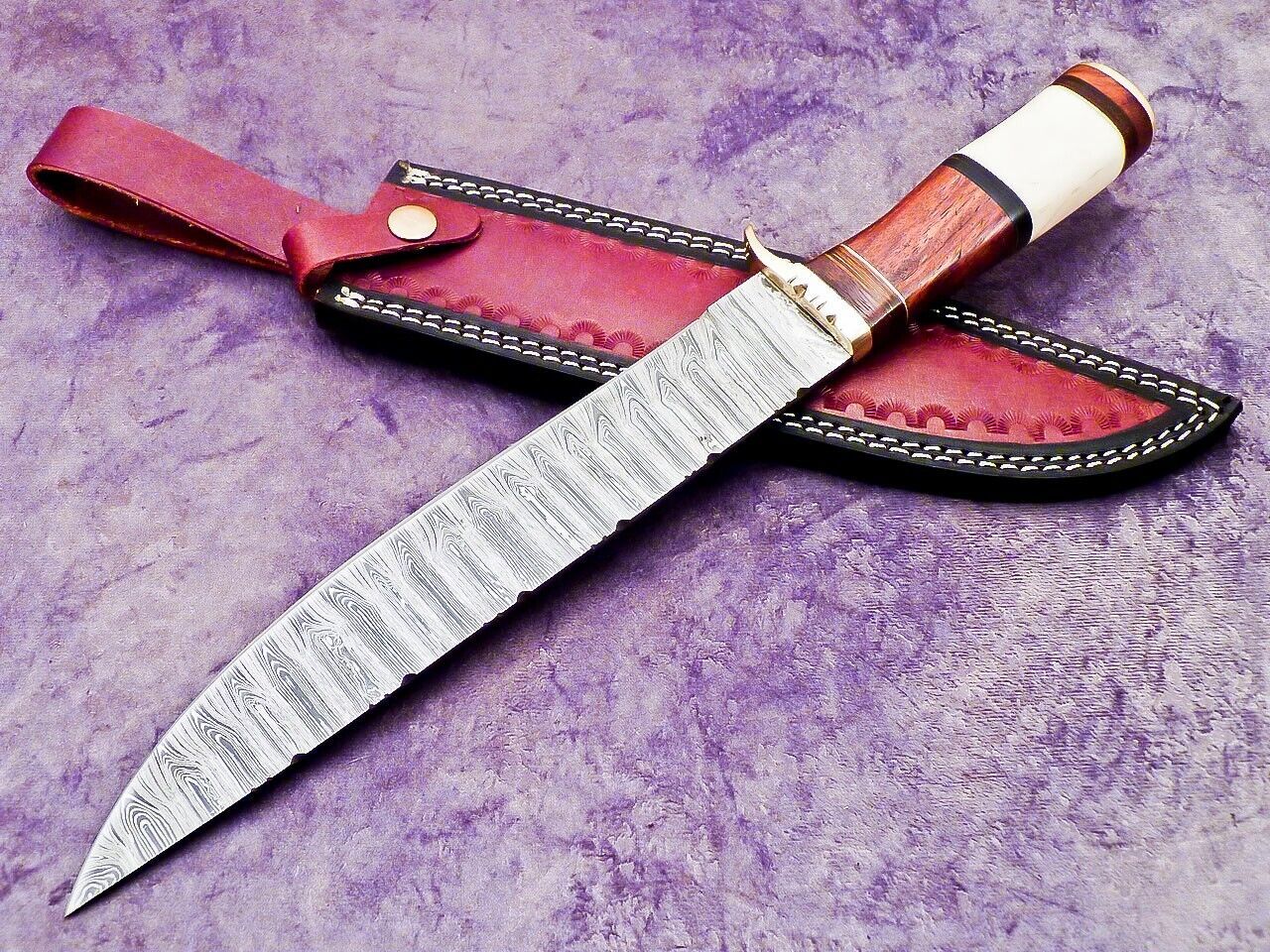 15 Inch Handmade Damascus Steel Hunting Knife with Camel Bone and Wood Handle by Heritage Forge