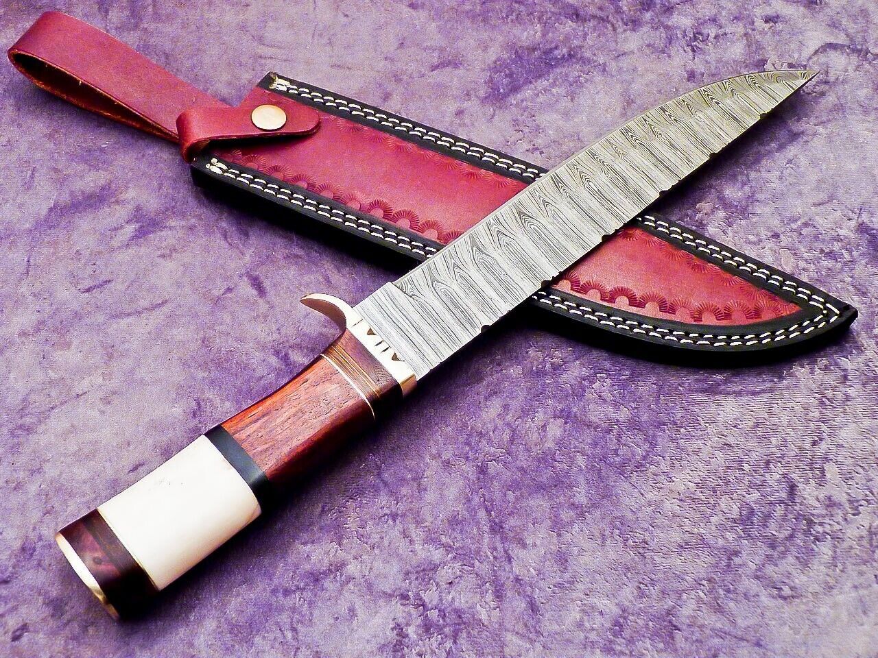 15 Inch Handmade Damascus Steel Hunting Knife with Camel Bone and Wood Handle by Heritage Forge