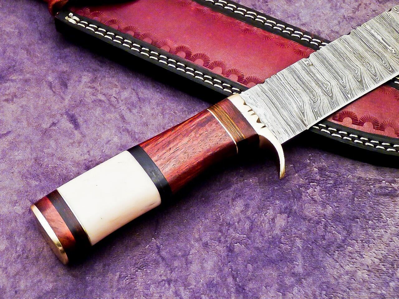 15 Inch Handmade Damascus Steel Hunting Knife with Camel Bone and Wood Handle by Heritage Forge