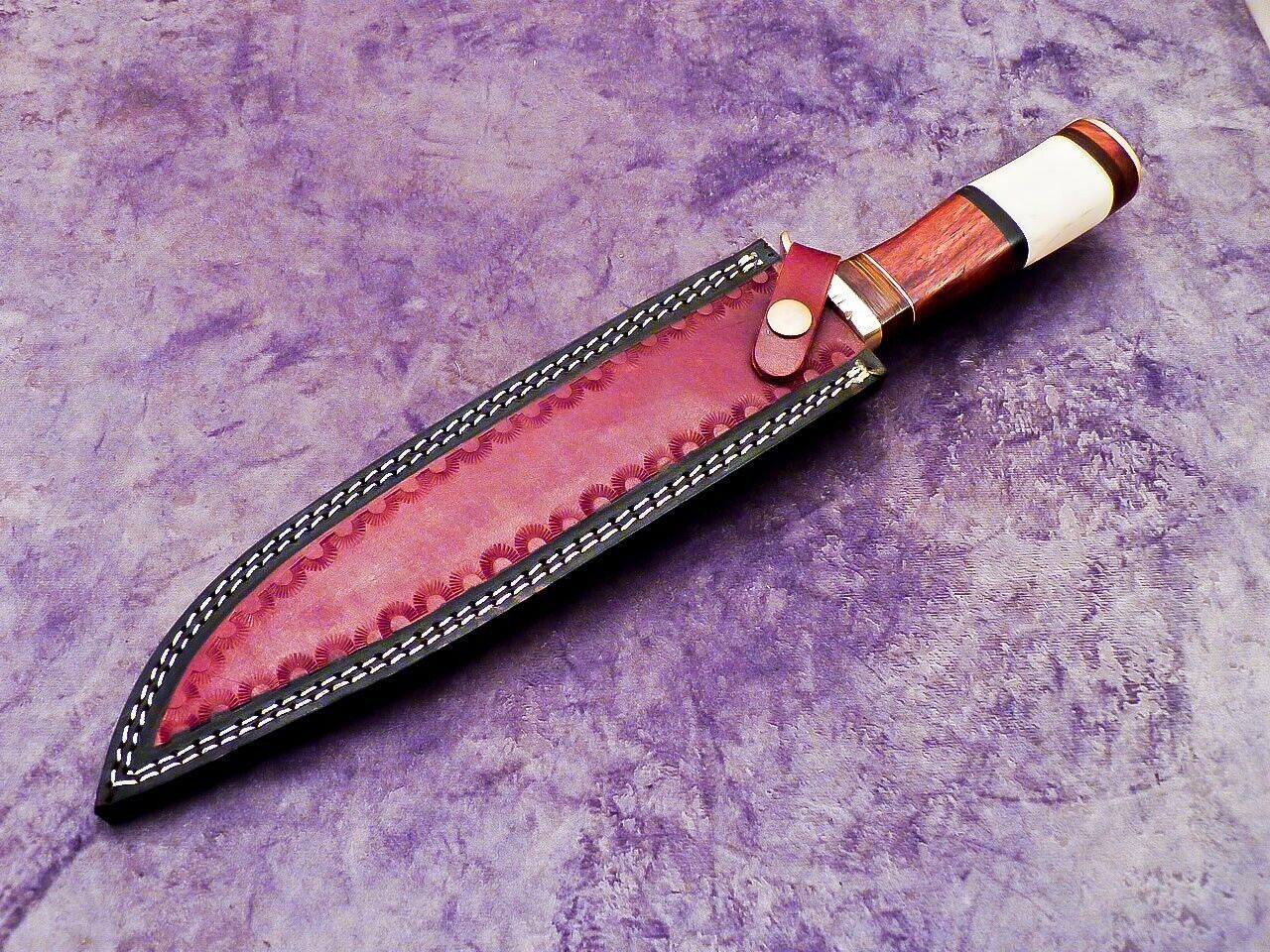 15 Inch Handmade Damascus Steel Hunting Knife with Camel Bone and Wood Handle by Heritage Forge