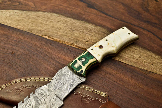 10.0" Handmade Damascus Steel Tracker Knife | Camel Bone Full Tang Survival Blade