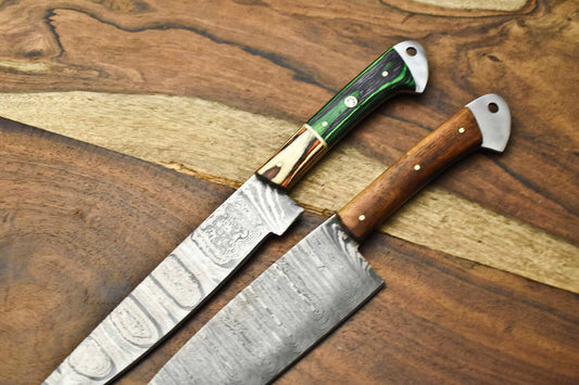 Lot of 2 Custom Handmade Damascus Steel Chef Knives | Full Tang Kitchen Knife Set