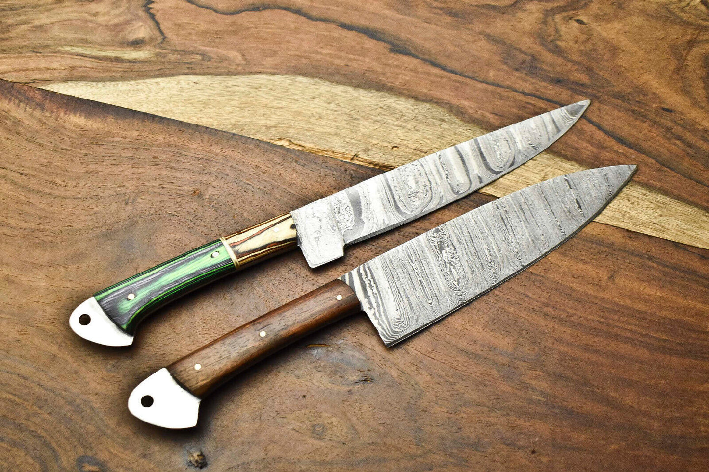Lot of 2 Custom Handmade Damascus Steel Chef Knives | Full Tang Kitchen Knife Set