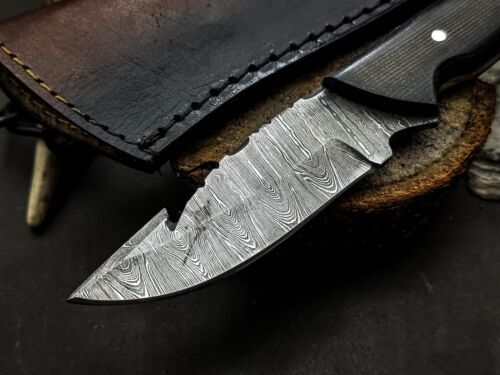 Heritage Forge Damascus Gut Hook Hunting Knife with G10 Micarta Handle and Leather Sheath