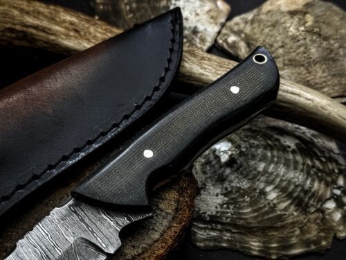 Heritage Forge Damascus Gut Hook Hunting Knife with G10 Micarta Handle and Leather Sheath