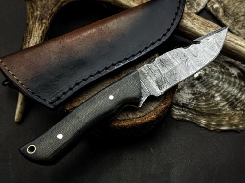 Heritage Forge Damascus Gut Hook Hunting Knife with G10 Micarta Handle and Leather Sheath