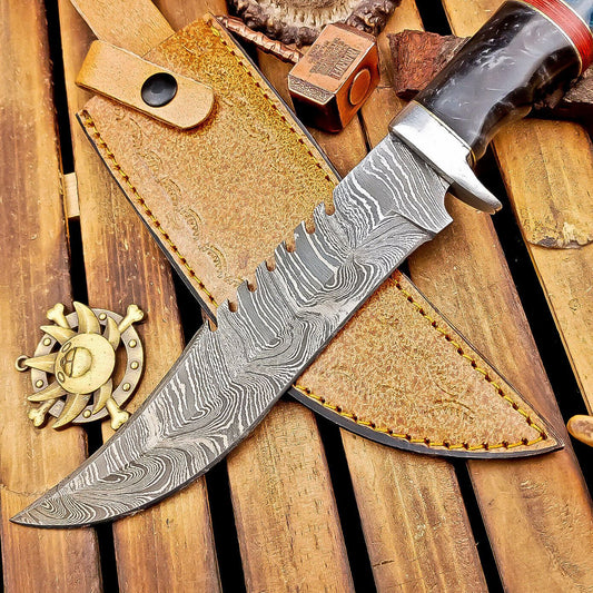 12 Inch Damascus Steel Bowie Knife with Resin Handle and Leather Sheath