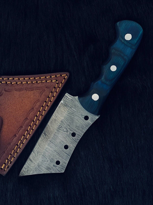 Heritage Forge 8.5 Inch Damascus Tanto Cleaver Knife with Camel Bone and Wood Handle