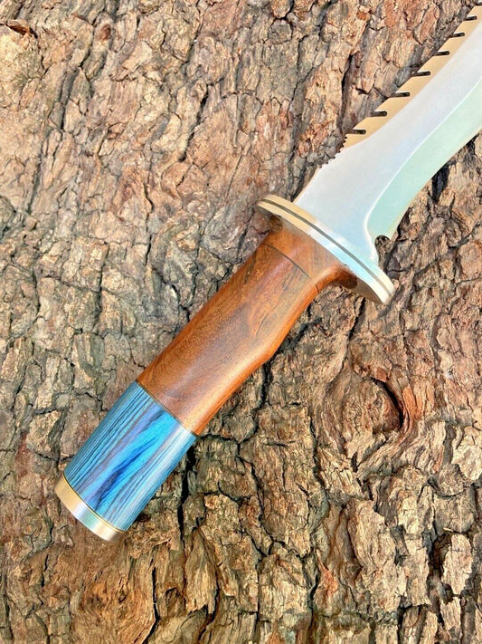 Handmade D2 Steel Camping Hunting Tactical Bowie Knife | 13" Sharp Blade with Wood Handle & Leather Cover