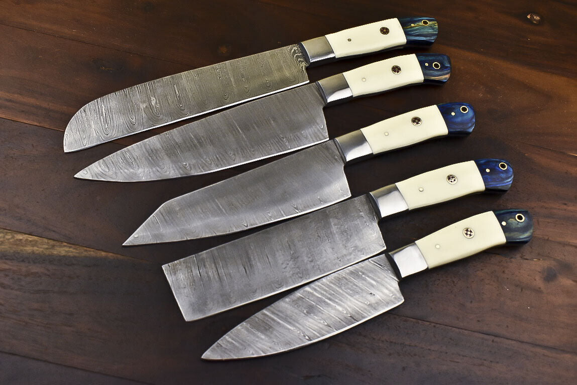 White Beer 5-Piece Custom Handmade Damascus Steel Chef Knife Set | Camel Bone Handle