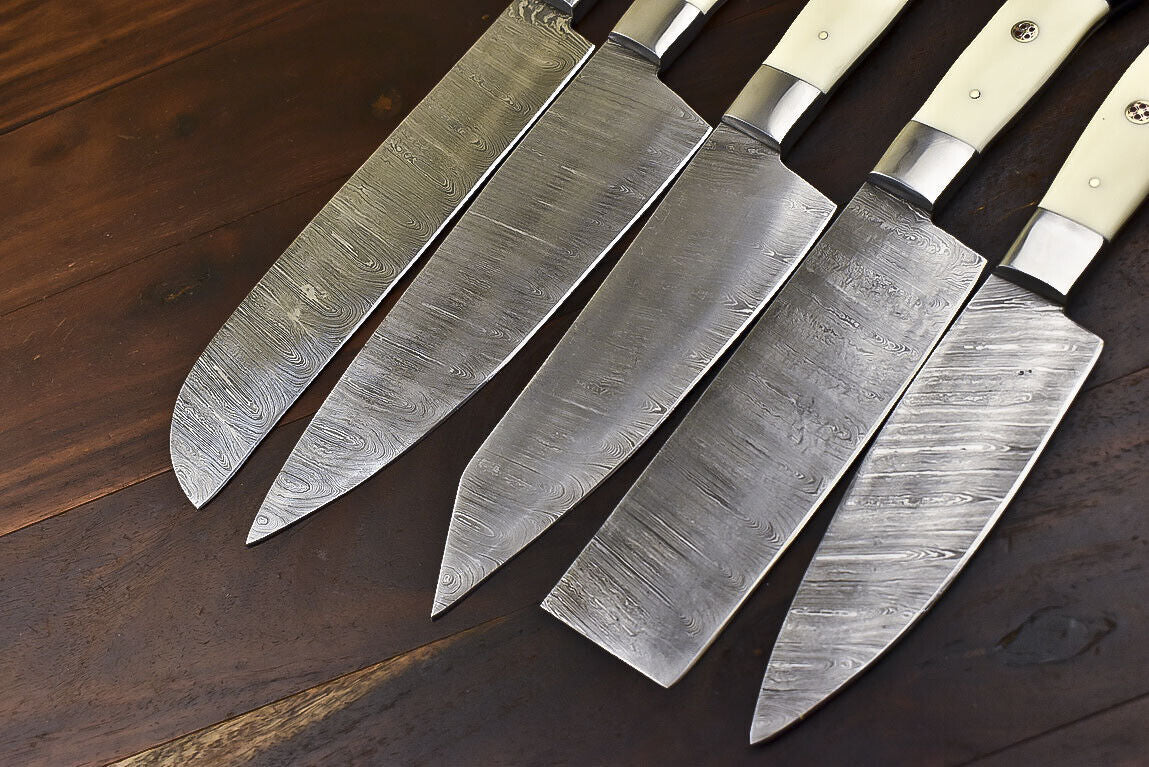 White Beer 5-Piece Custom Handmade Damascus Steel Chef Knife Set | Camel Bone Handle