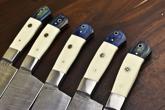 White Beer 5-Piece Custom Handmade Damascus Steel Chef Knife Set | Camel Bone Handle