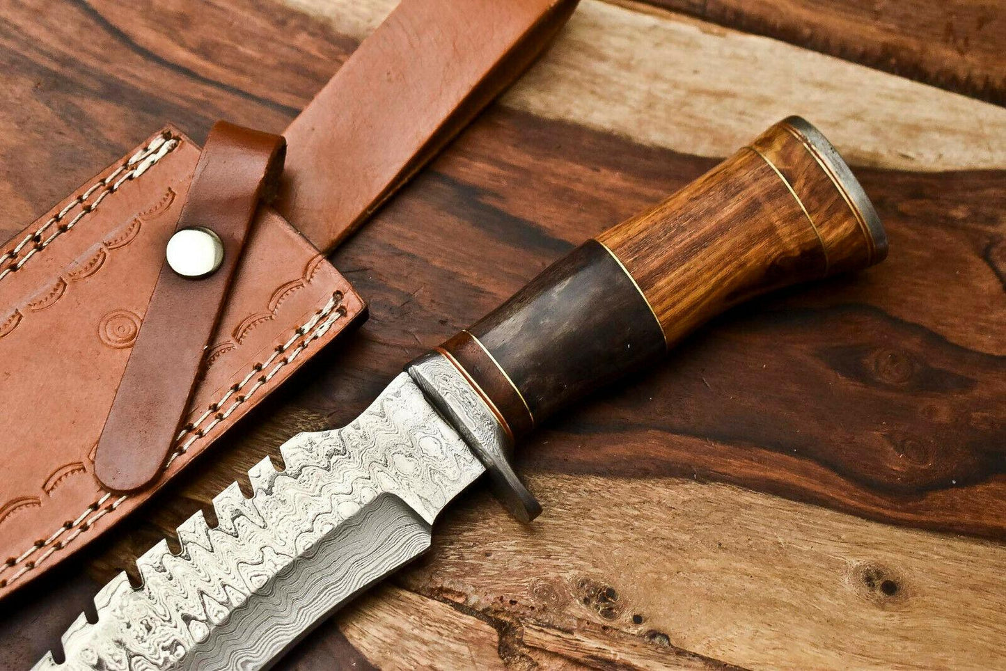 12.5" Handmade Damascus Steel Bowie Hunting Knife – Camel Bone & Wood Handle