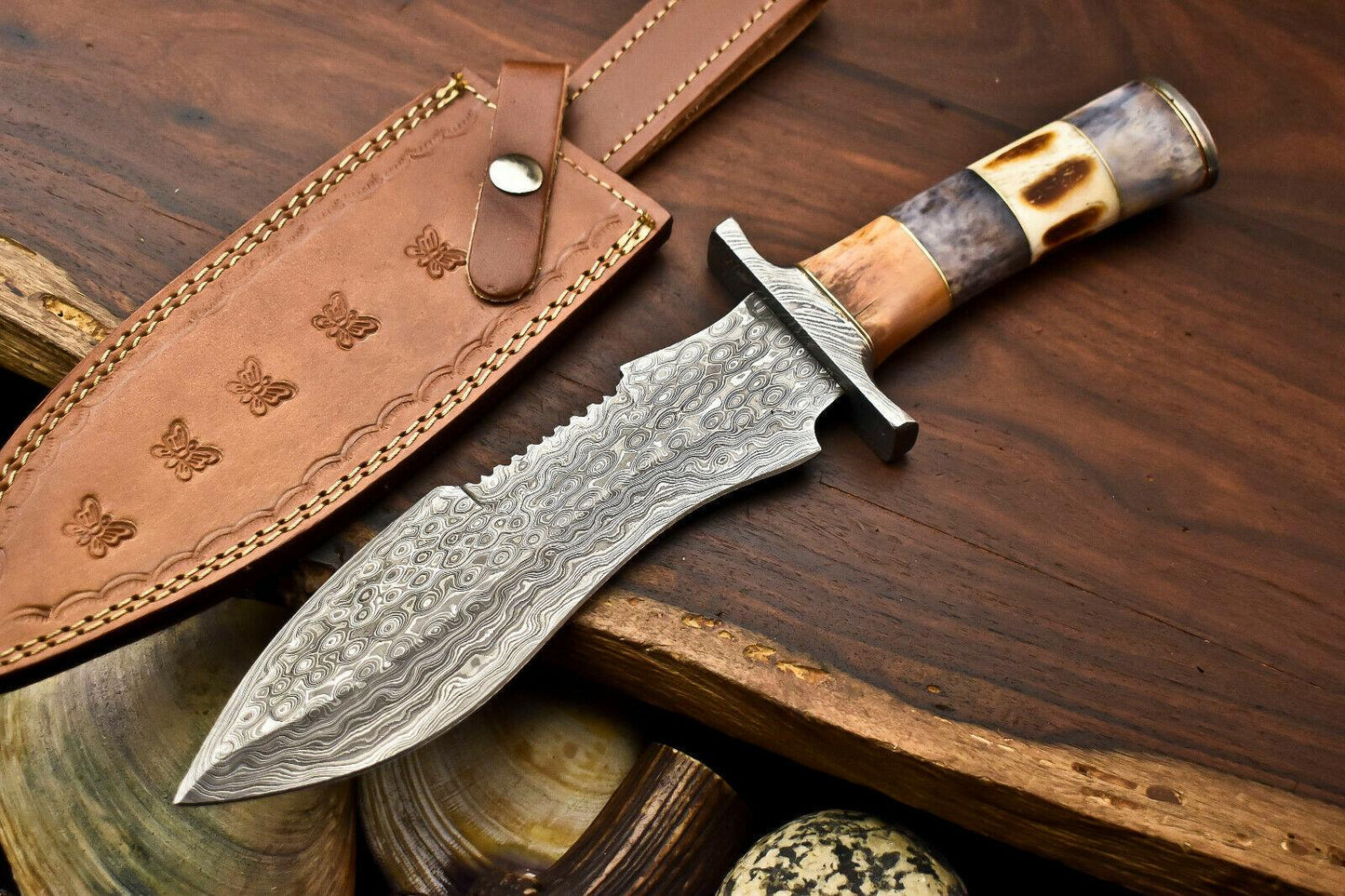 13" Handmade Damascus Steel Bowie Hunting Knife – Camel Bone Handle