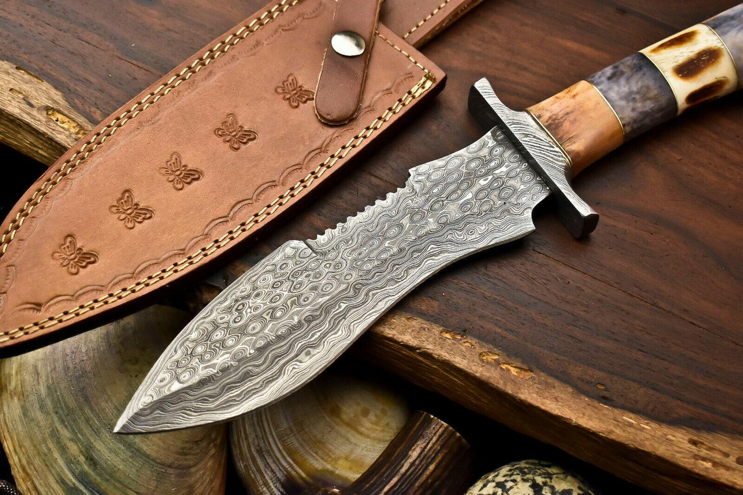 13" Handmade Damascus Steel Bowie Hunting Knife – Camel Bone Handle