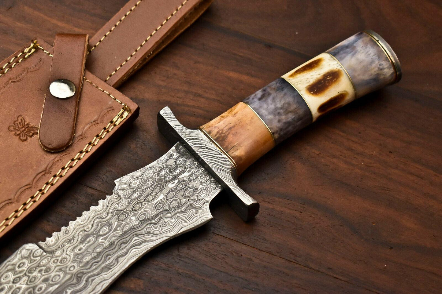13" Handmade Damascus Steel Bowie Hunting Knife – Camel Bone Handle