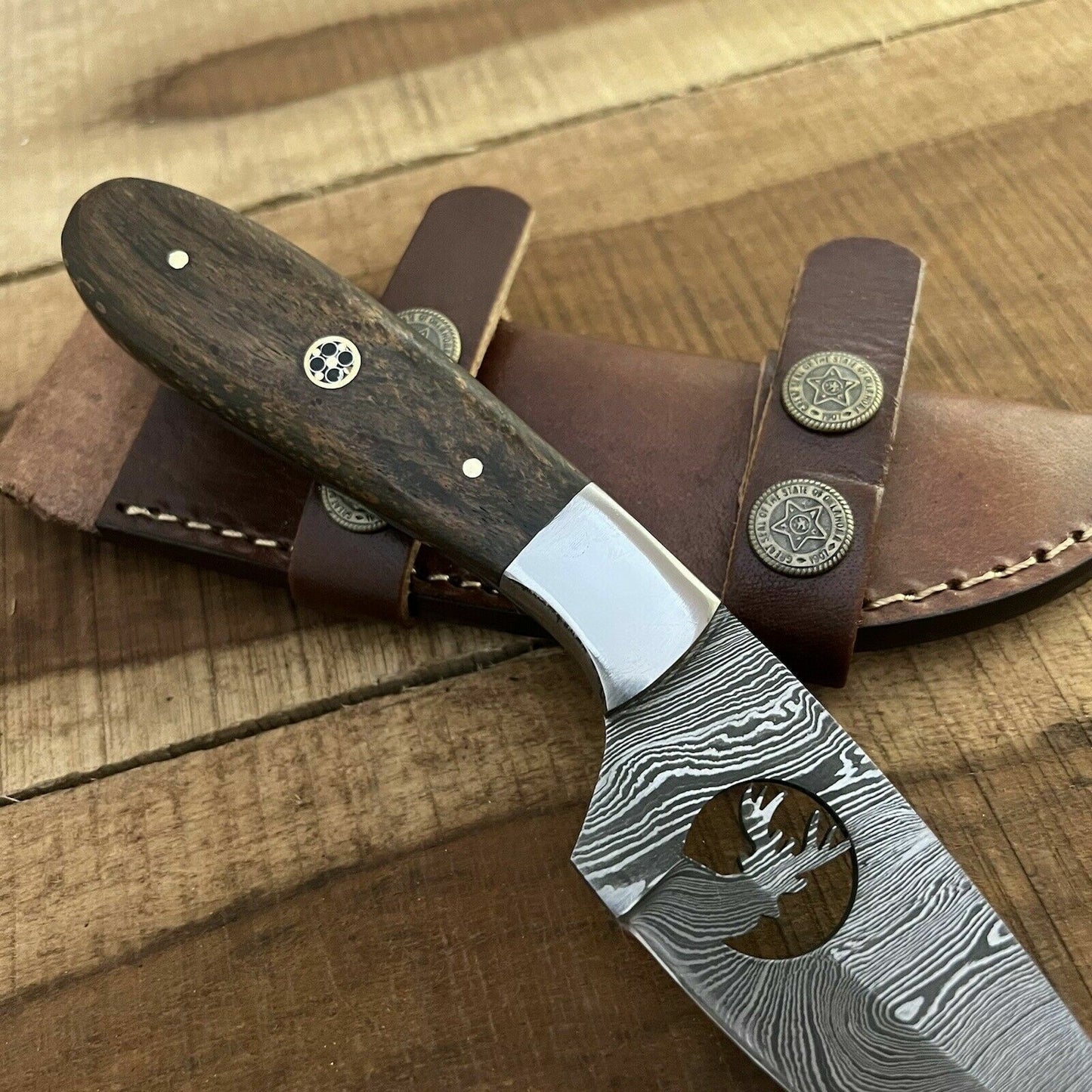 8.5 Inch Hand Forged Damascus Bowie Knife with Wood Handle