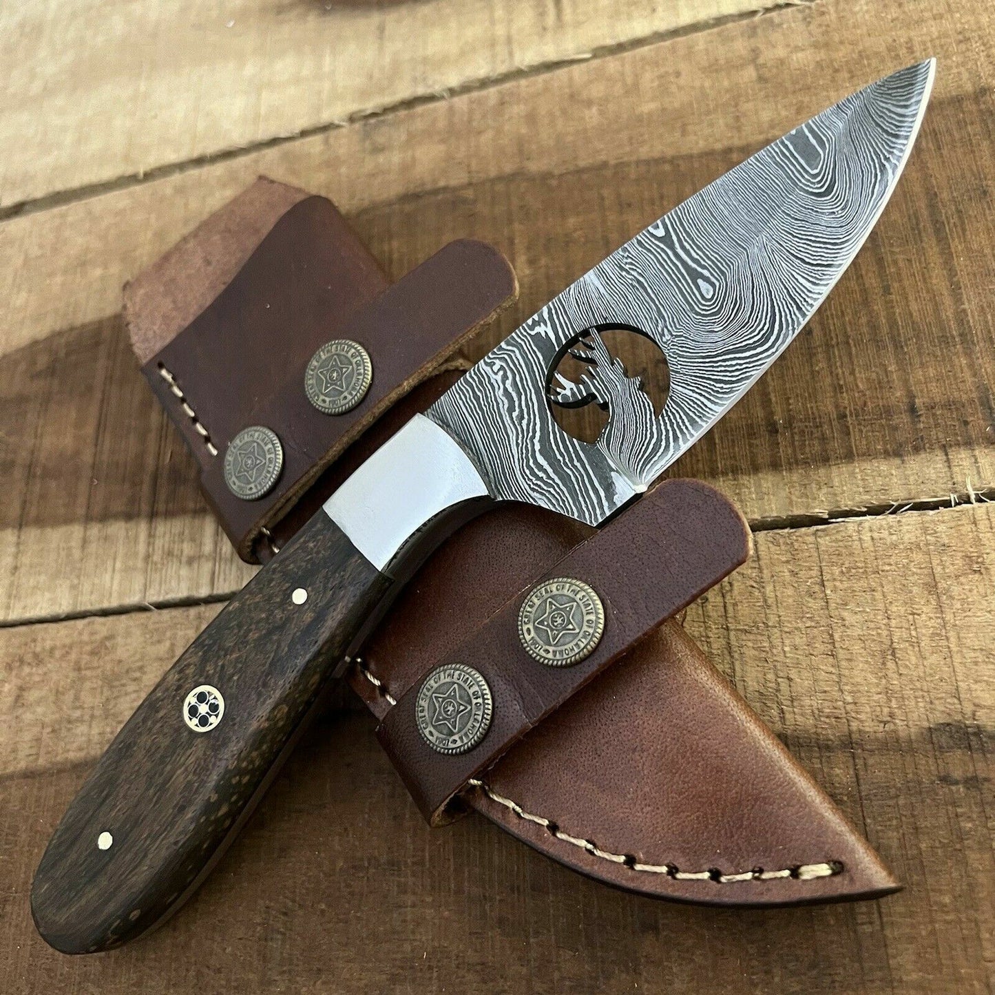 8.5 Inch Hand Forged Damascus Bowie Knife with Wood Handle
